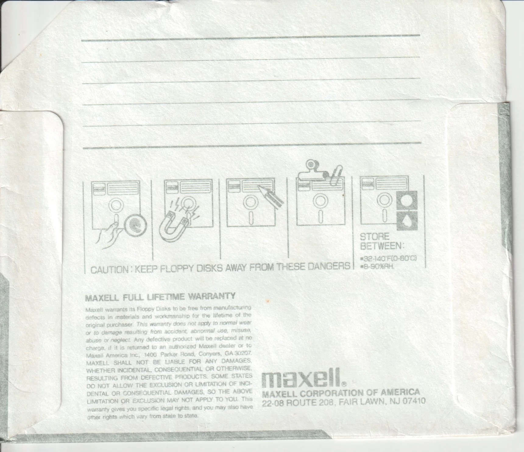 a vintage floppy disk sleeve from Maxell. Cat. no.: M1-525-003 - Back